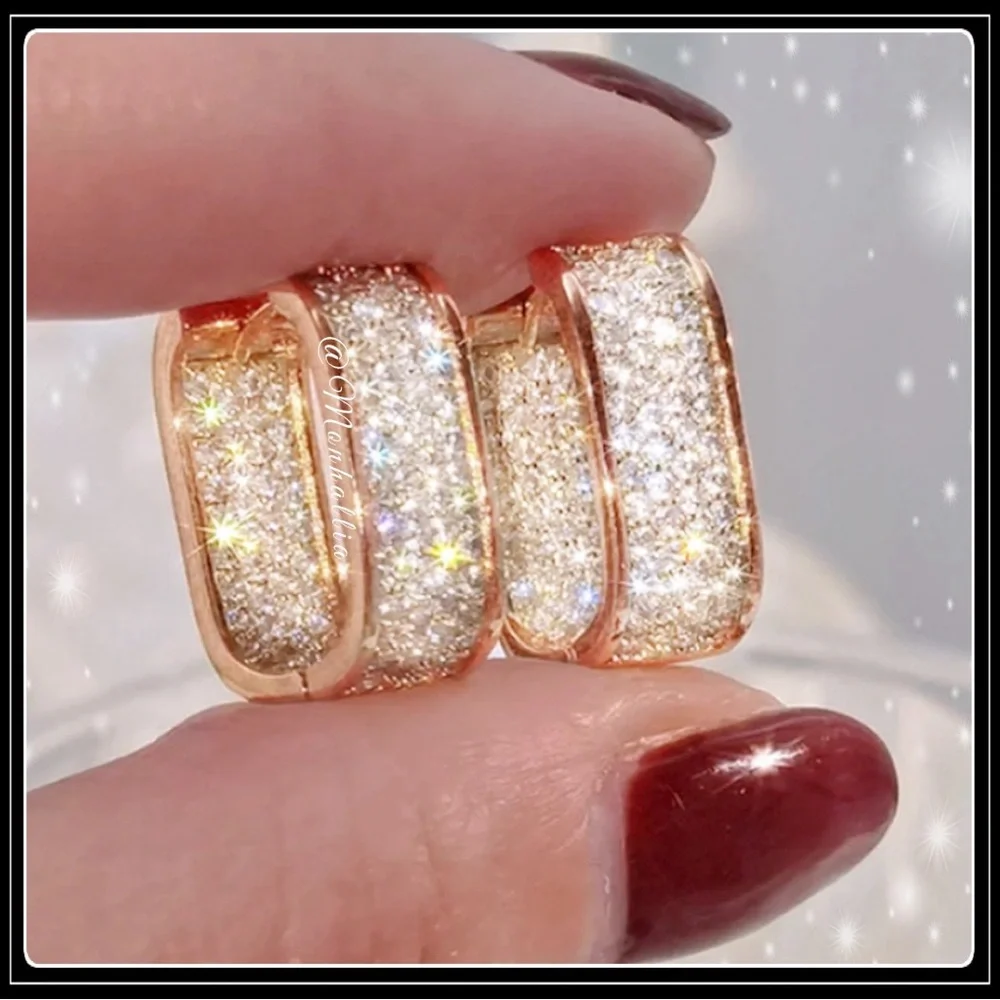 New rose gold cluster pave simulated diamond oblong mod huggie hoop earrings - Picture 3 of 3